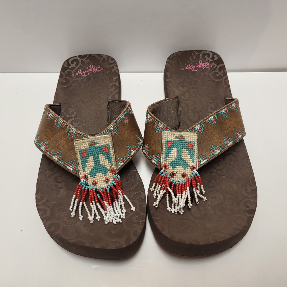 Blazin Roxx Women Beaded Red Teal Brown Thunderbird Flip Flop Sandal
